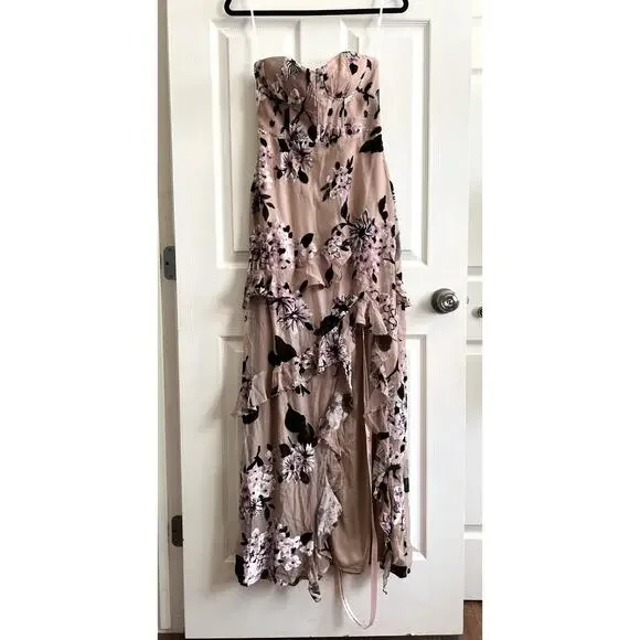 LULUS Chelisa Beige Velvet Floral Ruffled Bustier Strapless Maxi Dress Sz S NWT - Picture 4 of 14